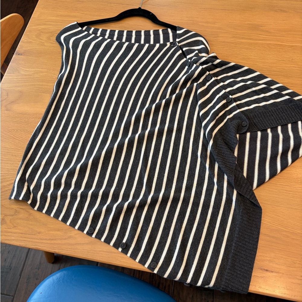 Black and White Striped Knit Poncho Button Side